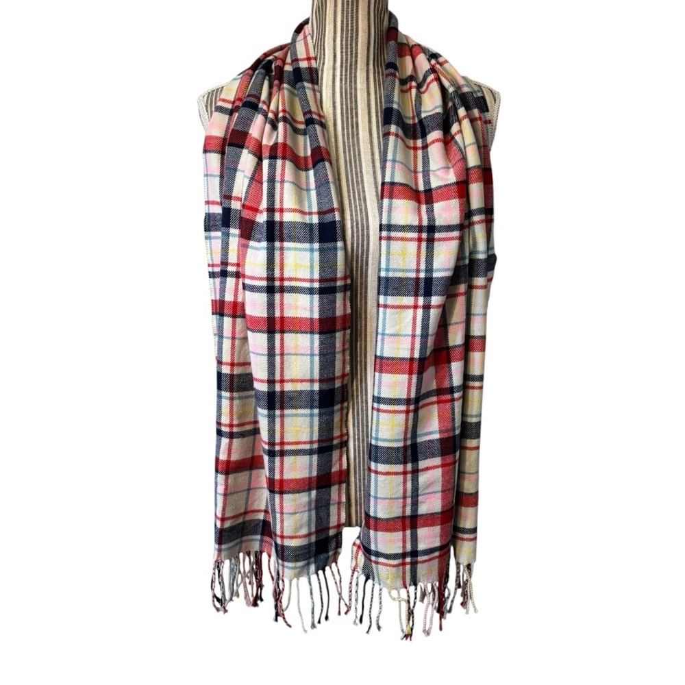 Lands' End Scarf Multicolor Plaid White Blue Red Pink Rope Fringe Cozy Soft - Picture 2 of 10